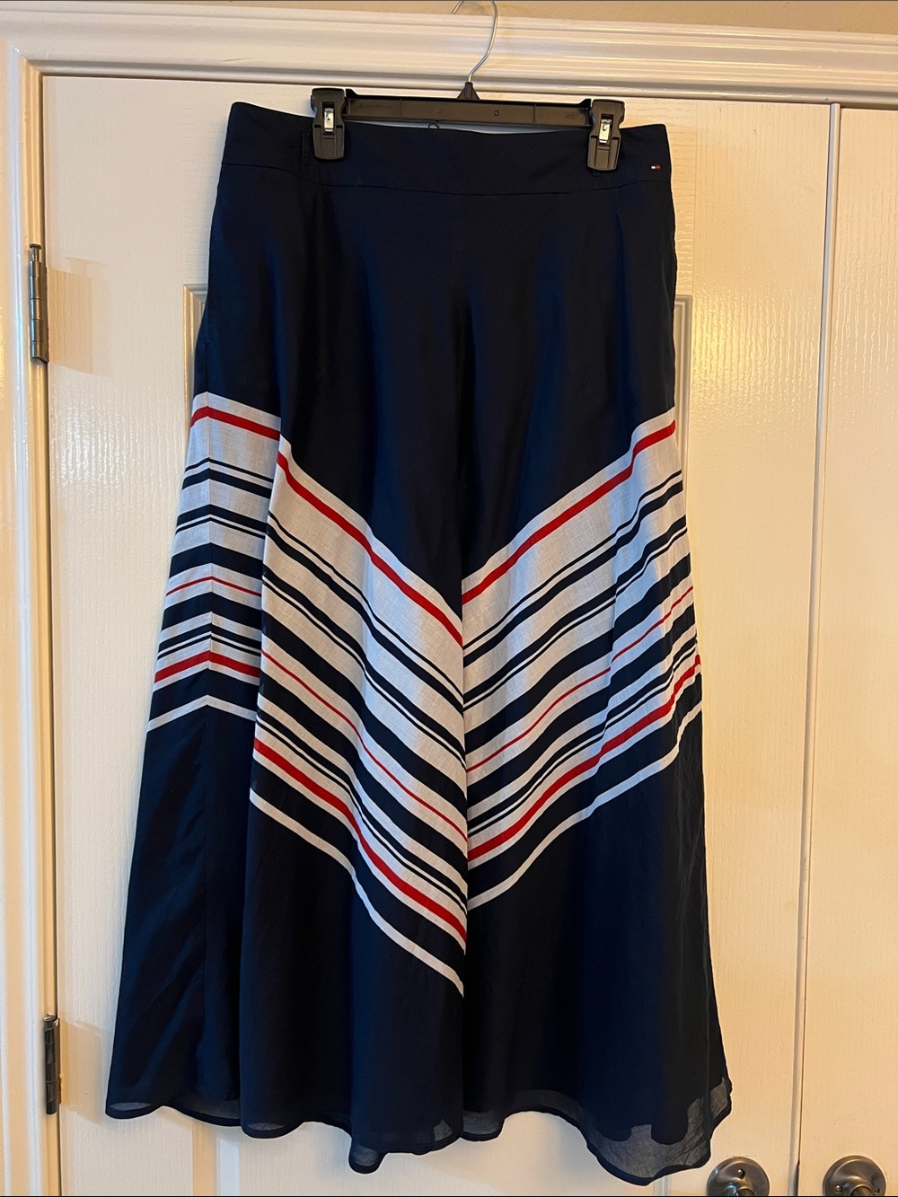 Tommy Hilfiger Navy A-Line Maxi Skirt with White and Red Chevron Stripes